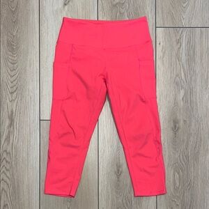 Vibrant Coral High-Waist Capri Leggings with Side Pockets Yoga Tights